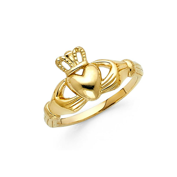 Heart Claddagh Wedding Band Ring Solid 14K Yellow Gold